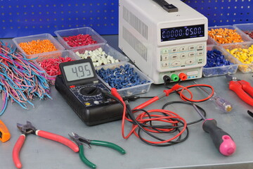 Electrical Installation Tools and Materials for Electrical Switchboard Assembly. Close-up. Soft...