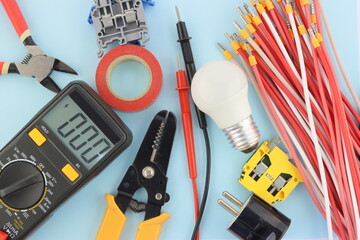 Electrical Installation Tools and Materials for Electrical Switchboard Assembly. Close-up. Soft...