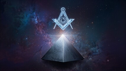 Floating metallic pyramid connecting with glowing square and compass symbol in space, with nebula