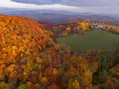 Aerial view of vibrant autumn foliage blanketing rolling hills, contrasting with a vivid green field nestled near clustered buildings, BanskÃ¡ Bystrica, BanskÃ¡ Bystrica Region, Slovakia. - Powered by Adobe