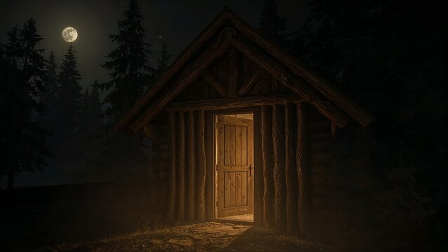 Glowing cabin door spilling warm light onto path among pine trees under full moon in forest - Powered by Adobe