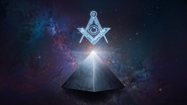 Floating metallic pyramid connecting with glowing square and compass symbol in space, with nebula - Powered by Adobe