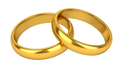 Two golden wedding rings intersecting on transparent background