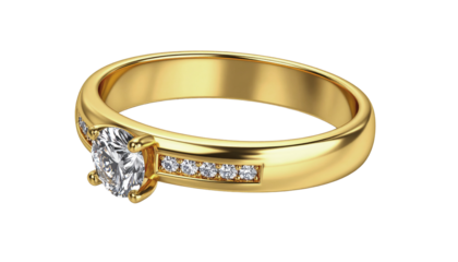 Golden ring with big diamond shining on transparent background