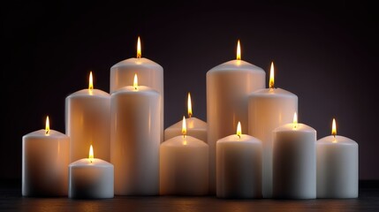 A beautiful arrangement of burning white candles on a dark background.