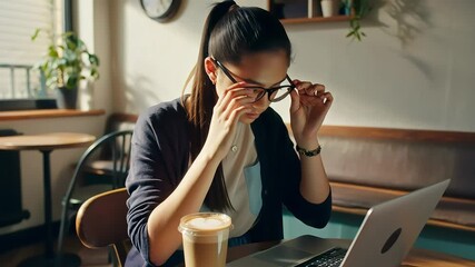 A young woman wearing glasses rubs her tired eyes while working on a laptop in a cafe, a drink beside her. - Powered by Adobe