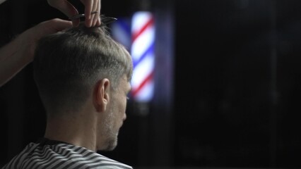 Professional barber cutting hair of male client in barbershop, using scissors and comb, with barber...