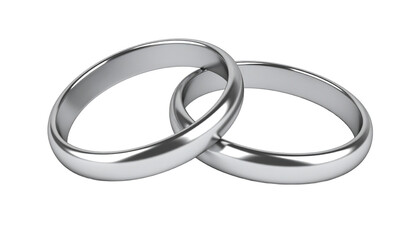 Two silver wedding rings intertwined on transparent background representing commitment and love
