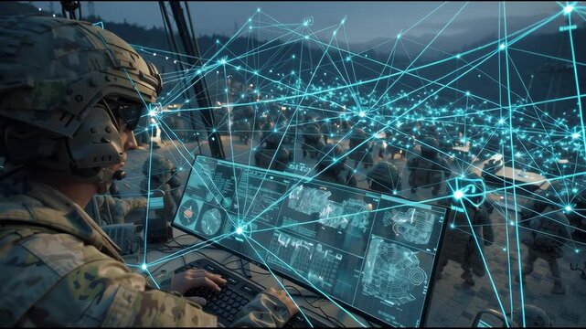 An AI-powered central command, where a central AI core processes vast amounts of battlefield data from various sources (satellites, drones, ground sensors) to provide real-time strategic analysis and  - Powered by Adobe