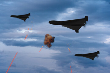 Military drones flying in the night sky, bullet tracers, an explosion in the air, dark tone.