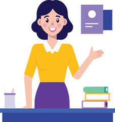Friendly smiling female teacher or librarian standing behind a desk with books and a file isolated on transparent background