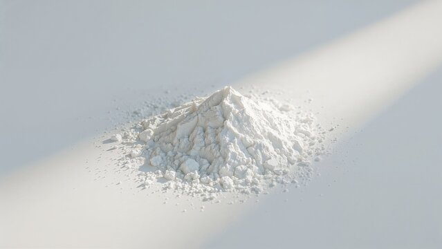 Displaying conical mound of fine white powder on smooth studio surface, highlighting grainy texture