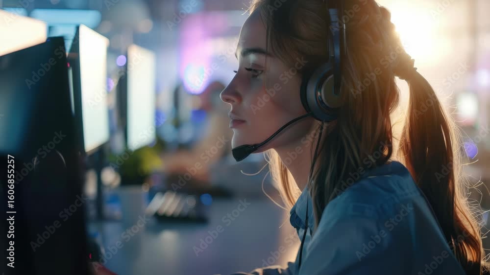 Poster computer professional wearing headset and focused on computer screen