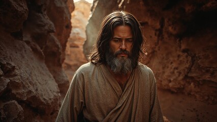 Walking bearded traveler moving through narrow sunlit sandstone canyon, with loose-fitting robe