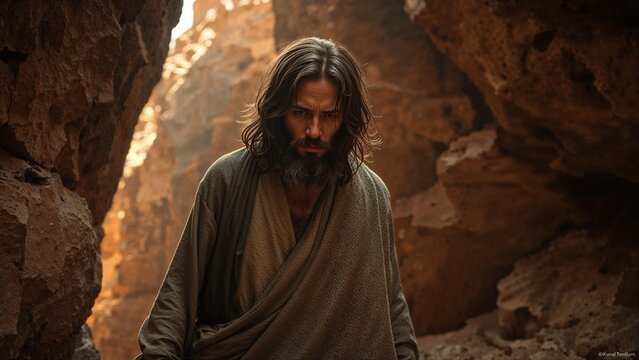 Standing bearded Middle Eastern man wearing brown robe in narrow canyon, warm sunlight filtering - Powered by Adobe