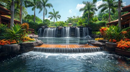 Naklejka premium Lush tropical resort cascade with water feature and vibrant foliage under a clear blue sky