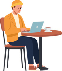 Man in beanie works on laptop at cafe, coffee nearby.