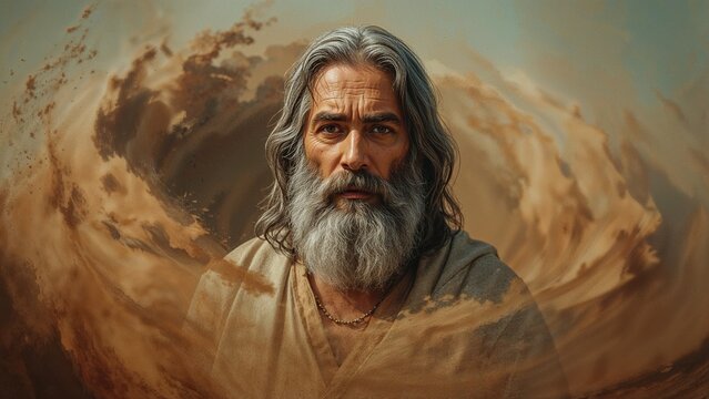 Standing senior man wearing earth-toned robes in swirling sand vortex, with bronze chain necklace - Powered by Adobe