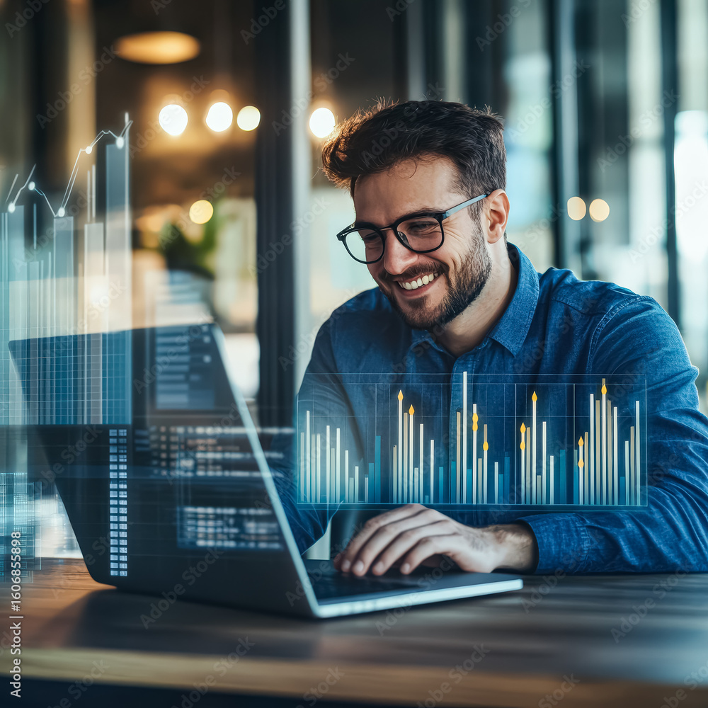 Poster man is sitting at a desk with a laptop open and smiling