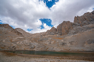 The scenic views of Demirkazık summit, Davlumbaz summit and dipsiz göl at the Aladağlar National park in Niğde, Turkey
