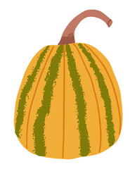 Autumn pumpkin vegetable in yellow color with green stripes in trendy flat style. Fall decor for thanksgiving and halloween holiday party