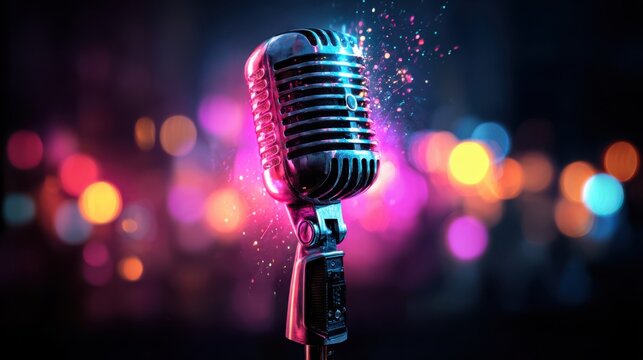 Vintage microphone illuminated by vibrant neon lights and sparkling confetti on a bokeh background