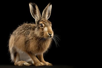 Fototapeta premium Cute baby bunny with fluffy fur and bright eyes against a plain studio backdrop.