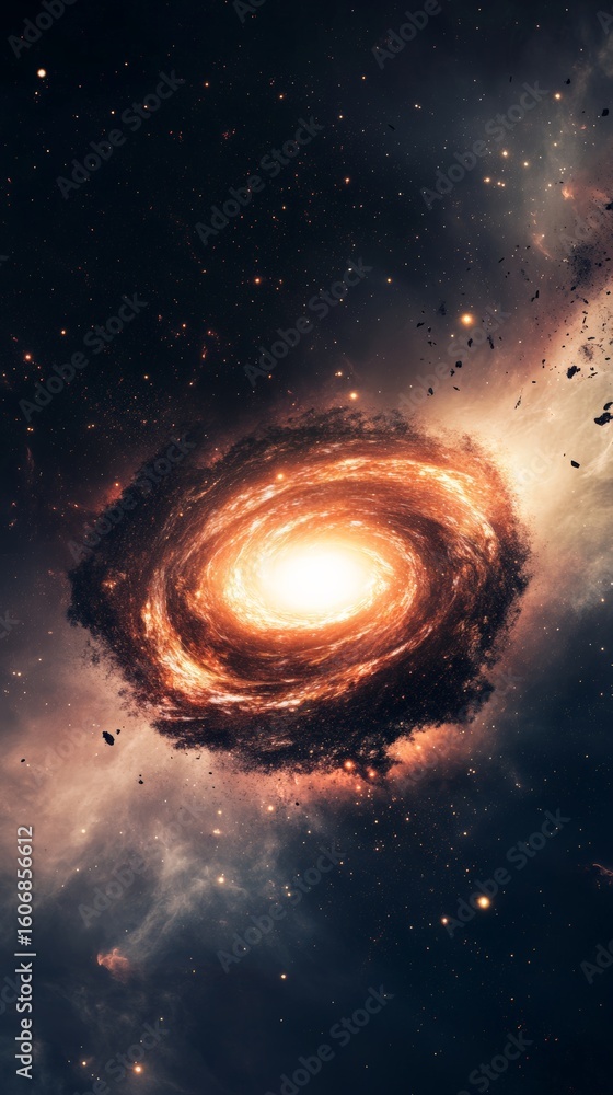 Poster mesmerizing spiral galaxy is generating a wormhole amidst a backdrop of stars and nebulae, creating 