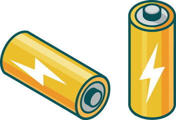 Illustration of two yellow batteries with white lightning bolt on a white background surface