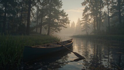 Fototapeta premium Floating wooden canoe holding wooden paddle at misty forest lake shore, with pine trees and grasses