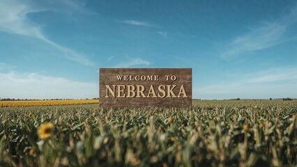 Displaying wooden welcome sign inviting travelers on farmland, with crop plants and sunflowers