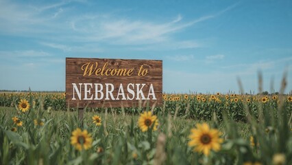 Standing Welcome to Nebraska sign on wooden posts in vast sunflower field, with yellow blossoms