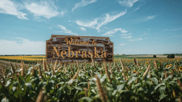 Standing wooden welcome sign marking entrance in rural farmland, with corn stalks and sunflowers - Powered by Adobe