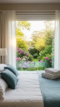 Cozy bedroom with fresh linens and garden view