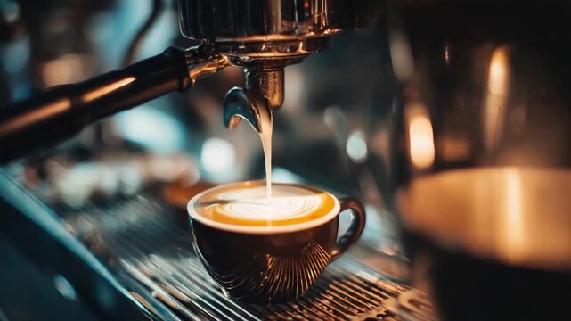 Coffee cup brewing by a coffee machine:  An enticing close-up captures the art of coffee making as a stream of rich, aromatic espresso cascades from a professional coffee machine into a ceramic cup.