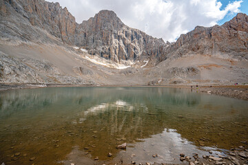 The scenic views of Demirkazık summit, Davlumbaz summit and dipsiz göl at the Aladağlar National park in Niğde, Turkey