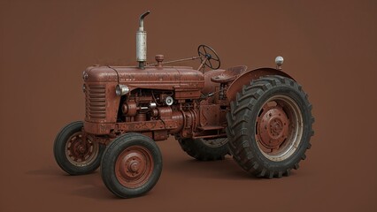 Obraz premium Presenting weathered red tractor showcasing engine and tires in studio, with exposed piping