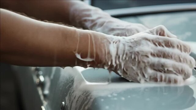 Hand washing a car with sudsy soap, emphasizing hand hygiene and the importance of keeping vehicles clean.