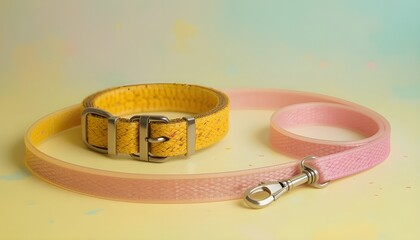 Pet Collar in Yellow and Leash in Pink on Pastel Backdrop