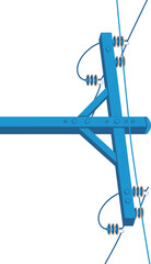 Illustration of a blue utility pole with wires and insulators against a white background view from below
