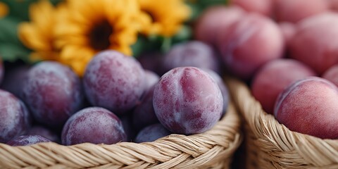 Basket of plums sits next to a basket of sunflowers