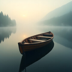 Fototapeta premium boat on the lake,Wooden Rowboat on Misty Lake - Peaceful Morning Fog Landscape.png