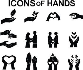 Hands icons vector set collection of different hand gestures holding leaf love couple caring isolated silhouette