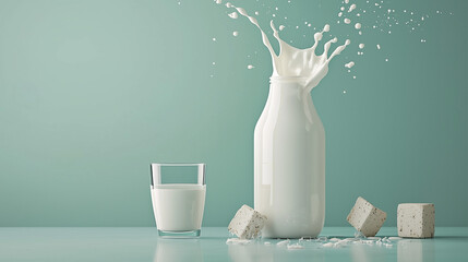 Bottle and glass of milk with splashes on light blue background with space for text