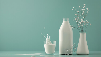 Bottle and glass of milk with splashes on light blue background with space for text