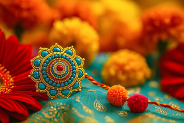 Decorative Rakhi with Red and Blue Beads for Raksha Bandhan.