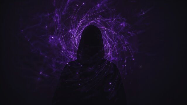 Standing hooded figure wearing cloak facing void, with purple energy vortex and glowing strands - Powered by Adobe