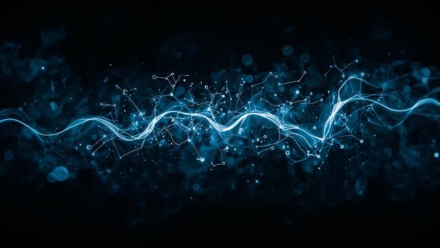 Flowing glowing blue digital wave pulsing through data space, with nodes, lines and bokeh particles - Powered by Adobe