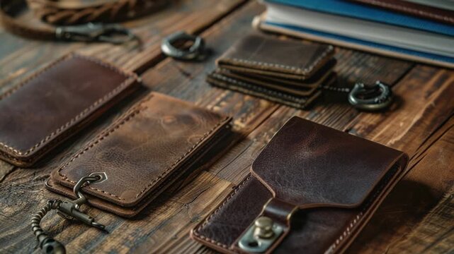 A wooden table filled with diverse wallets