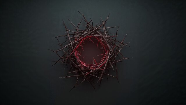 Forming thorny twig crown nest on dark flat surface in studio, with red inner glow - Powered by Adobe